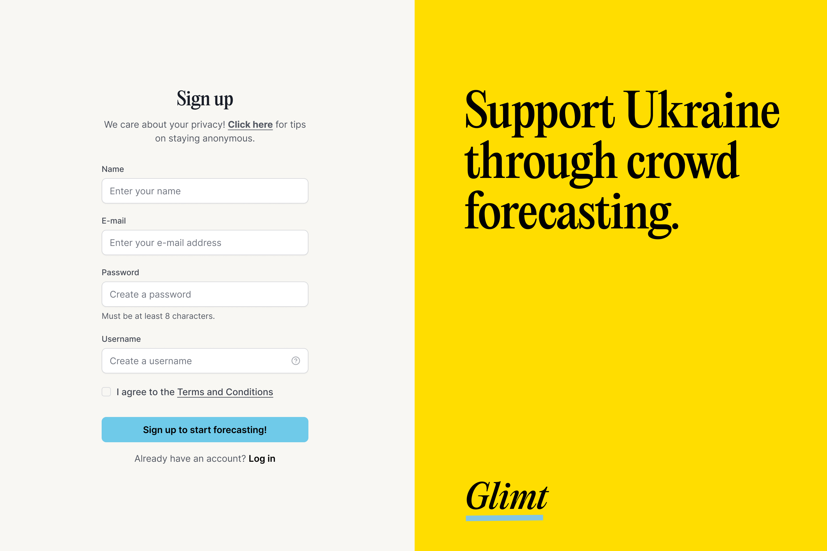 Glimt sign-up screen